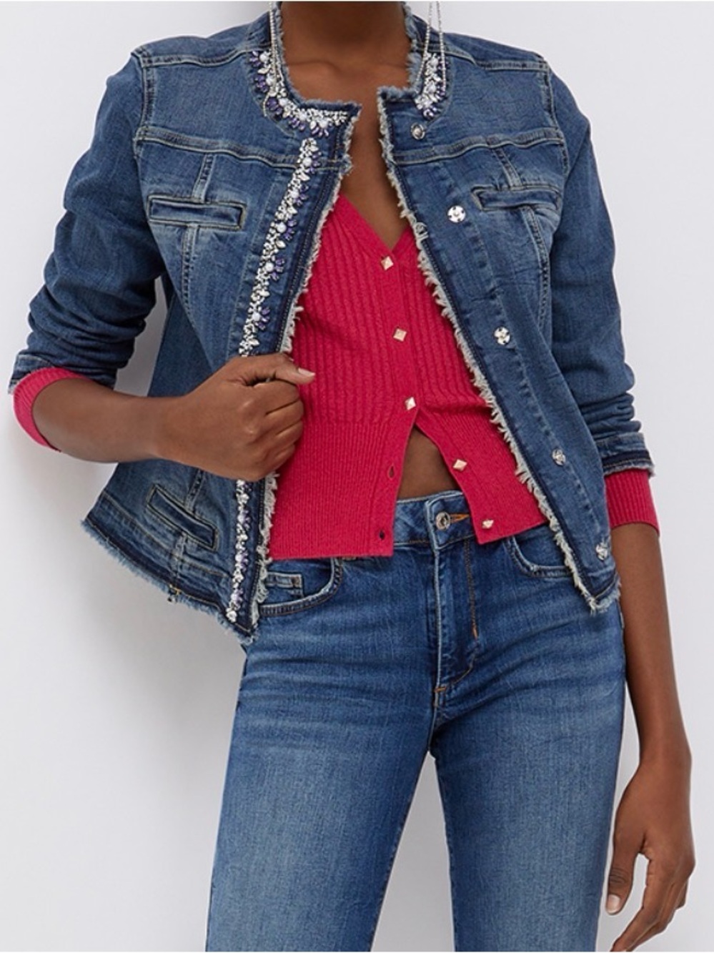 Liu Jo Light Blue Denim Jean Jacket with scarf and chain Trim